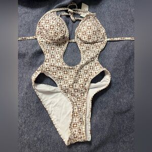 Polka Dot Floral One Piece Cut Out Swimsuit One Piece Brown And Cream NWOT
